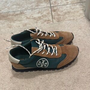 Tory Burch Green and Brown Sneakers with Suede Accents